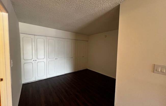 A room with white walls and wooden flooring with a white closet.