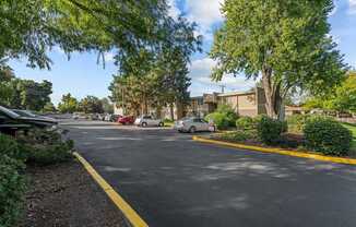 A parking lot with cars and trees.