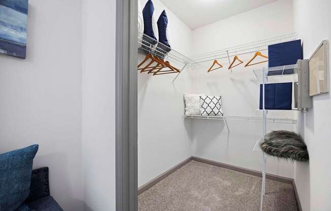 A room with a closet and a couch.