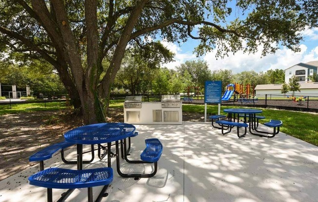 Picnic Area with Blue Tables at Fountainhead, Jacksonville, FL, 32258