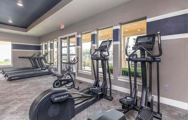 A row of treadmills and elliptical machines in a gym.