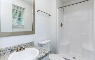 a bathroom with a sink toilet and a shower
