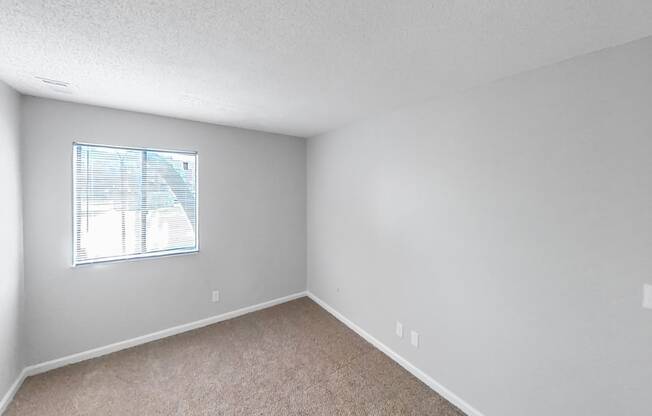 an empty bedroom with a window and carpeting