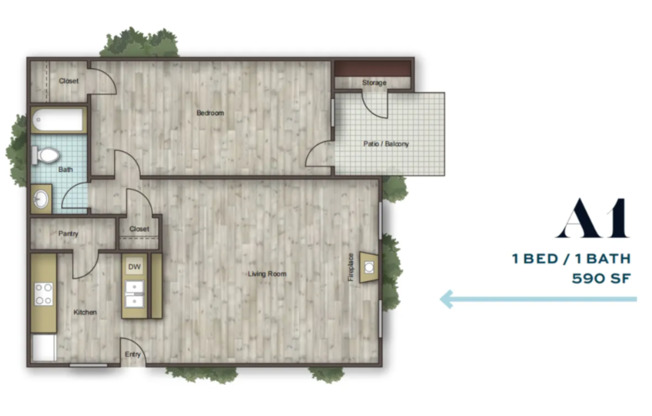 1 bed, 1 bath, 590 sqft, $1,075, Unit 613
