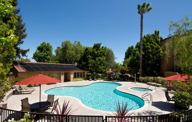 Apartments in Sunnyvale, CA for Rent - mResidences Silicon Valley - Pool Area with Fenced in Area, Surrounded by Trees and Landscaped Greenery, with Poolside Seating, Tables, and Umbrellas