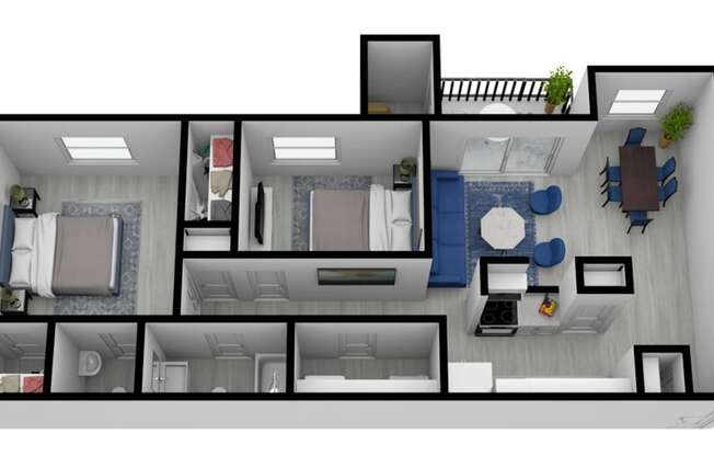 A 3D floor plan of a house with multiple rooms.