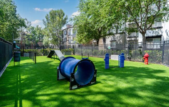 a playground with a fire hydrant and blue playground equipment on the grass