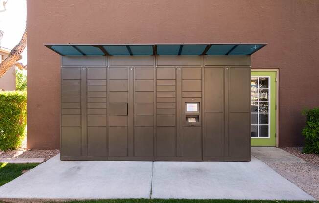 a garage door with a green door light on it