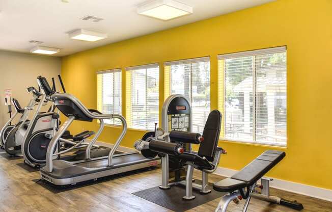 Renaissance Park on-site fitness center with treadmill, elliptical, bikes and weight systems. at Renaissance Park Apartments, Davis, California