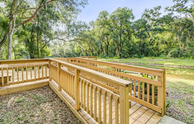 Wood Boardwalk Next to Body of Water Surrounded by Trees