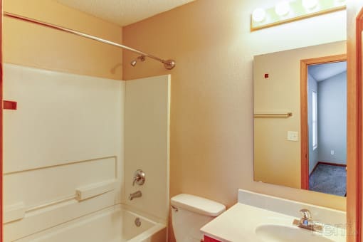 a bathroom with a shower toilet and sink and a mirror