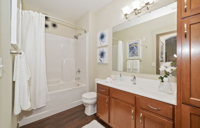 Austin Park Apartments Miamisburg Ohio Pet Friendly Updated Modern Interior Bathroom with Soaking Tub and Storage
