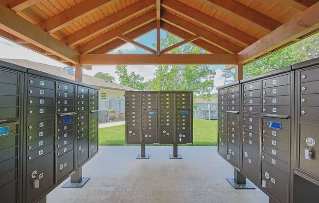 a row of lockers in front of a building