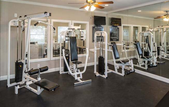 A gym with a variety of equipment including a squat rack, bench press, and a mirror.