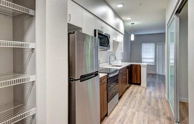 Kitchen opening into dining room