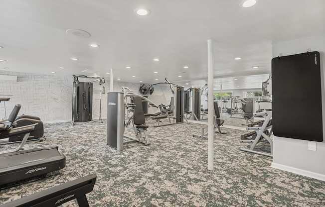 a gym with weights and cardio machines and a tv