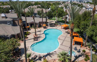 A swimming pool surrounded by palm trees and orange sunshades.
