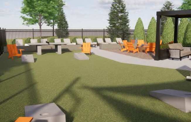 A black fence surrounds a green lawn with orange chairs and tables.
