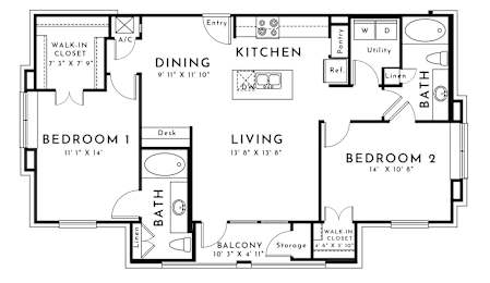 2 beds, 2 baths, 1,084 sqft, $1,719