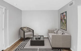 A living room with a grey sofa, a grey armchair, a black coffee table and a grey rug.