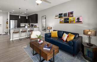 a living room with a black couch and yellow and white pillows  at Abberly Noda Vista Apartment Homes, Charlotte, NC