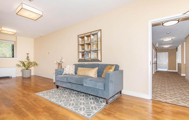 Community room with wooden floors and blue couch