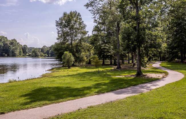 a path through a park with a lake in the background