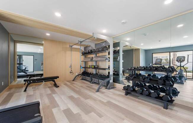 A spacious gym with a variety of equipment including a bench, weights, and a mirror.
