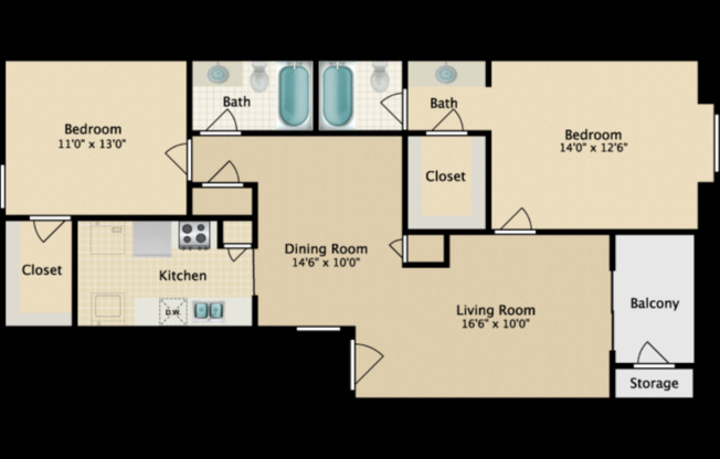 2 beds, 2 baths, 1,011 sqft, $1,288