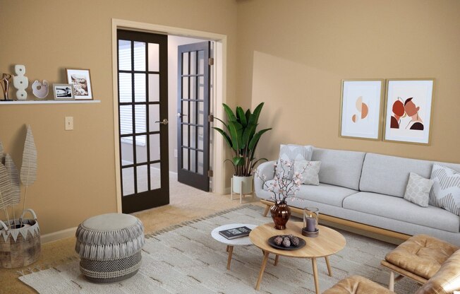 a living room with a couch and a coffee table