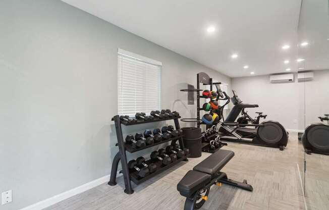 A well-equipped home gym with a bench, dumbbells, and exercise machines.