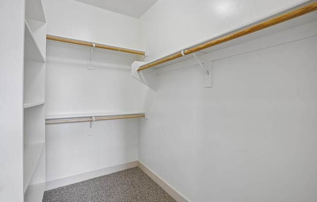 A white closet with a grey carpet and two shelves.