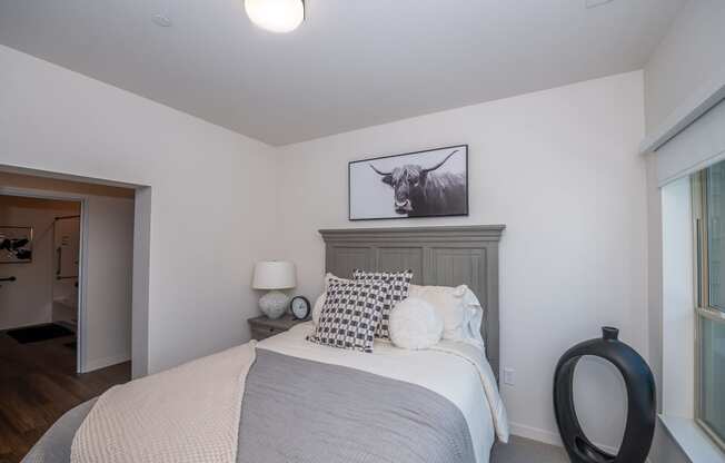 bedroom with white walls and a bed with blue and white pillows at The Crossings at Windsong, Prescott Valley
