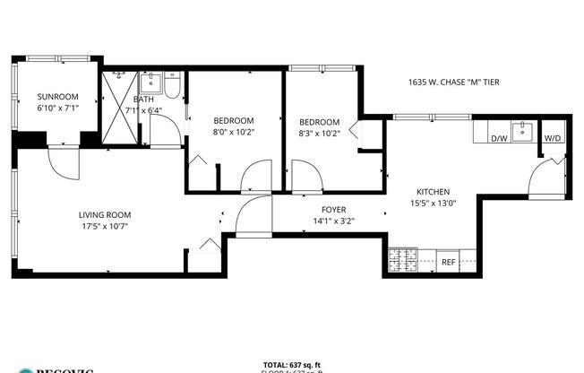 2 beds, 1 bath, 561 sqft, $2,100, Unit 1635-2M
