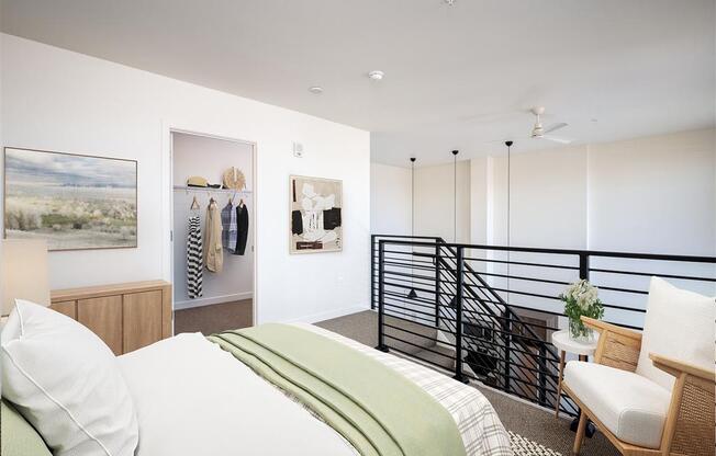 a bedroom with a bed and a balcony