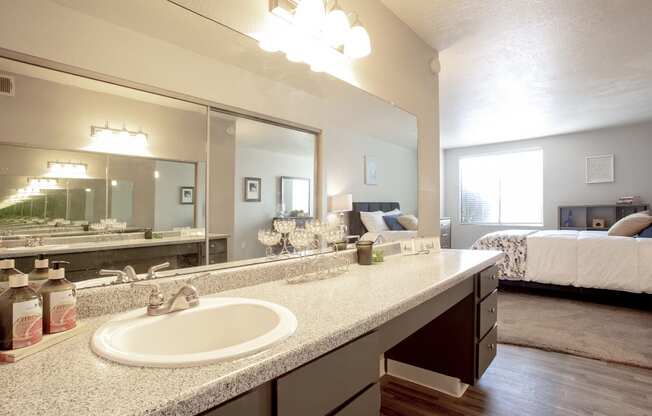 Bathroom sink and vanity at Villas Del Cielo Aprartments in Albuquerque New Mexico October 2020