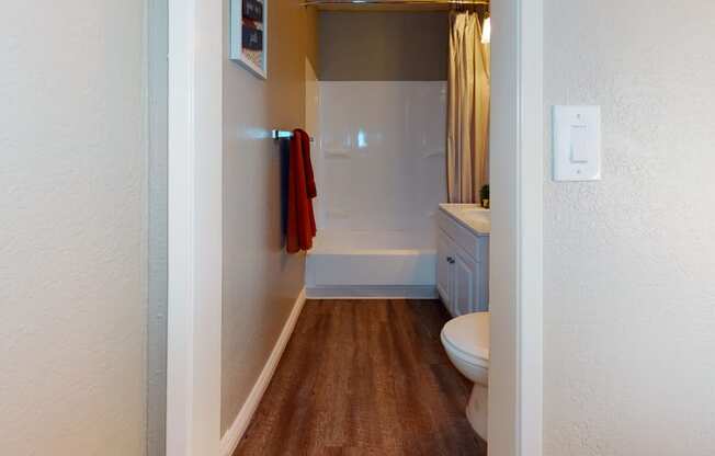 Apartments for Rent in Colton, CA - Las Brisas Apartment Bathroom with Tub and Shower Combo and Single Vanity