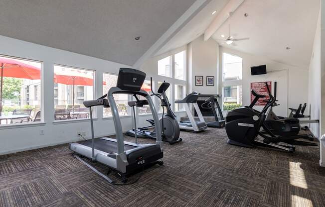 A spacious fitness center at Skyler Ridge Apartments, equipped with various exercise machines and weights for a full-body workout.