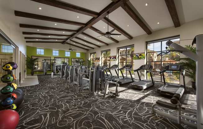 a gym with cardio equipment and weights on the floor