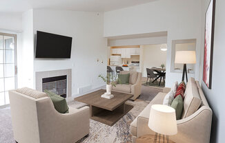 A living room with a fireplace, two couches, and a television.