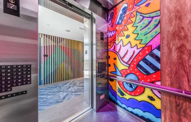 Elevator Murals at The Hamilton at The Epic in Deep Ellum, Dallas, Texas, TX