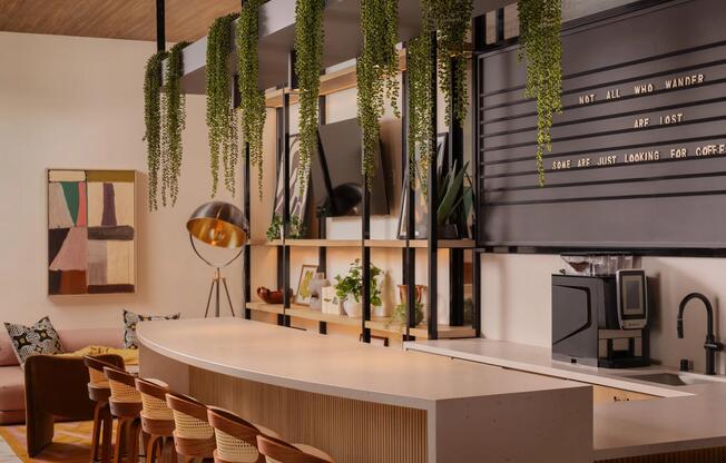 Coffee bar moments at Modera Rio Salado—grab a seat, recharge, and connect in a thoughtfully designed gathering space.