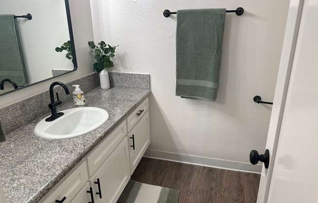 a bathroom with a sink and a mirror and a towel