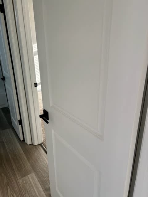 A white door with a black handle is open.