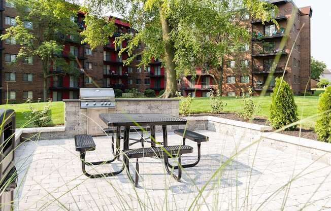 patio with a picnic table and grilling station