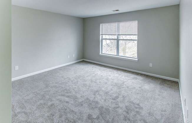 an empty room with carpet and a window