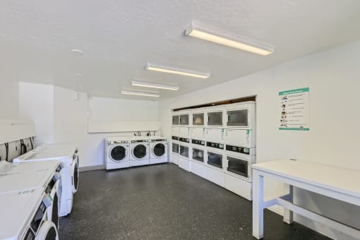 a laundry room with washers and dryers and a row of washing machines
