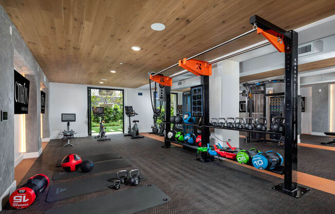 A gym with a variety of equipment including dumbbells, weight plates, and resistance bands.