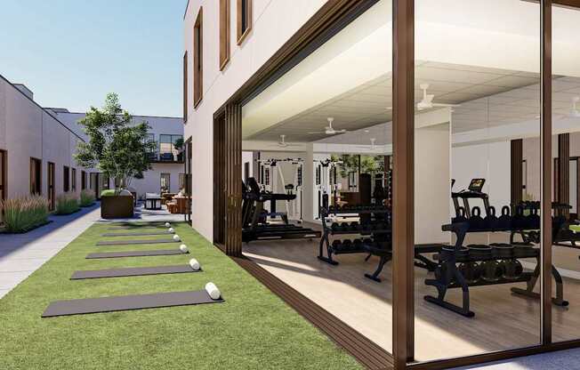 a rendering of a fitness facility with weights and yoga mats in front of a building