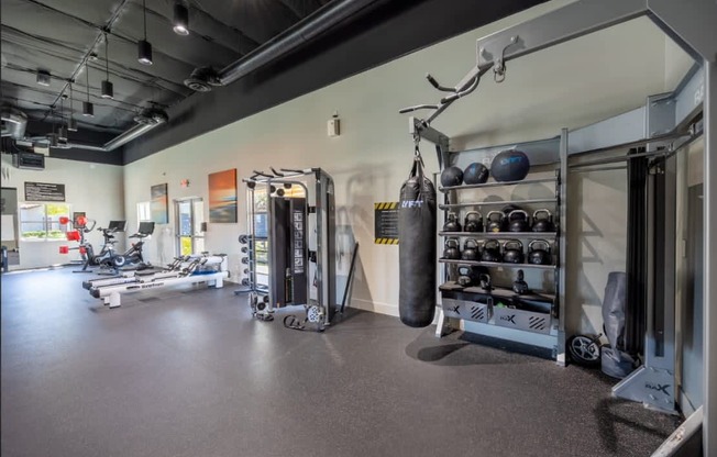 A gym with a variety of equipment including weights and a treadmill.